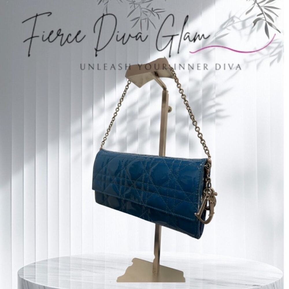 Lady Dior Wallet On Chain in Patent Teal Blue - Elegant and Timeless!